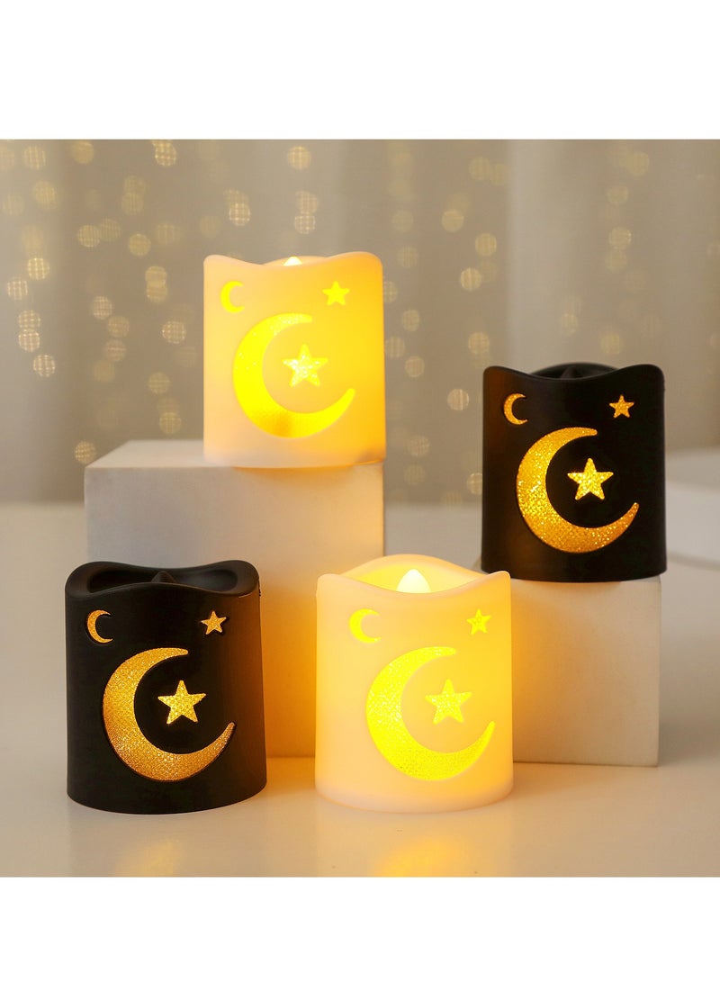 شموع LED صغيرة تعمل بالبطارية، مثالية لعيد الفطر ورمضان، 4 قطع. شموع LED صغيرة تعمل بالبطارية، بدون دخان أو لهب، مع إضاءة ليلية كهربائية على شكل نجمة وقمر. هدية مثالية لعيد الفطر المبارك. طقم شموع صغير واقعي لتزيين المنزل في رمضان. - Image 1